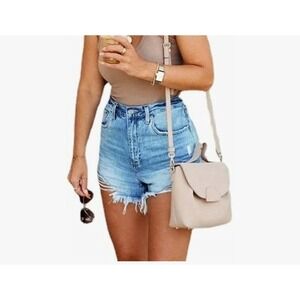 CME SHOWU Women's Blue Ripped Denim High Waist Shorts Frayed Large NEW